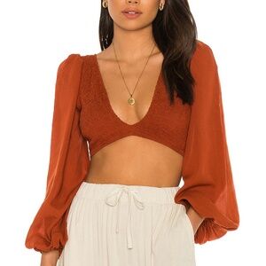 INDAH Biru Solid Ruched Bodice Crop Top